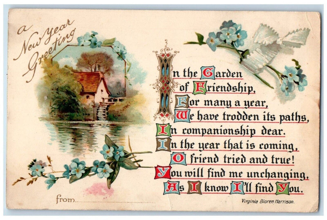 c1910's New Year Greeting Pansies Flowers Mill Waterwheel Antique Postcard