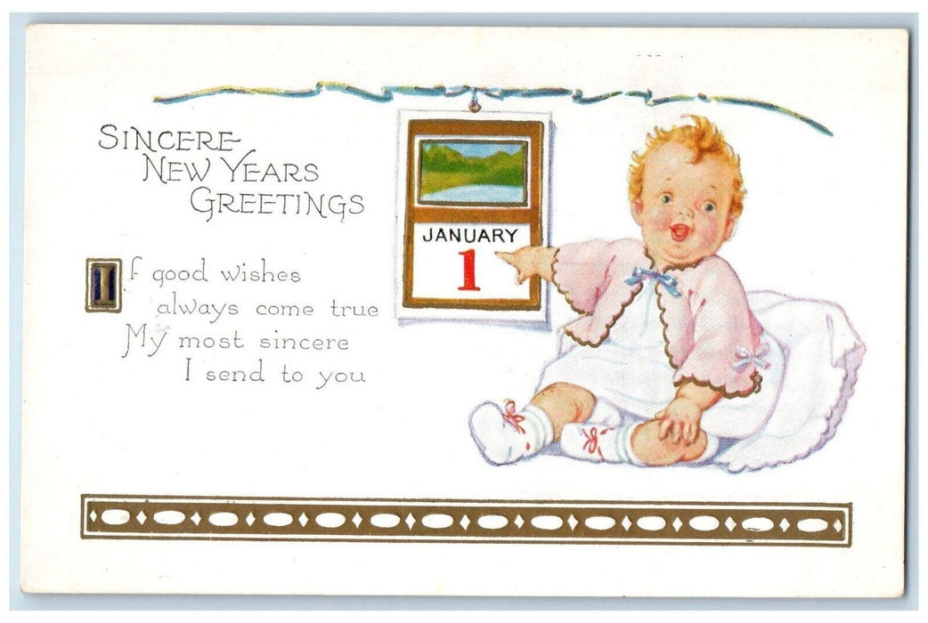 c1910's New Year Greetings Toddler January 1 Embossed Unposted Antique Postcard