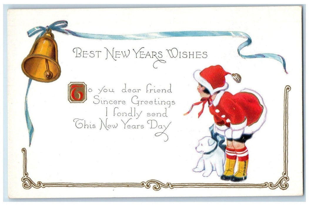 c1910's New Year Little Santa Girl Dog Ringing Bell Embossed Antique Postcard