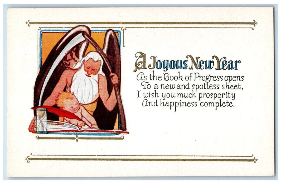 c1910's New Year Old Man Little Boy Writing Book Hourglass Embossed Postcard