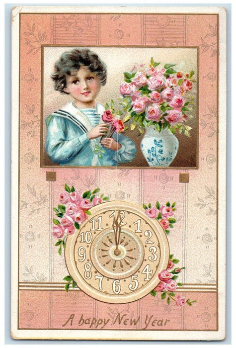 c1910's New Year Girl Cury Hair Pink Roses And Clock Embossed Tuck's Postcard