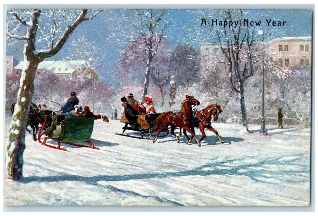 c1910's Happy New Year Family Horses Sleigh Winter Snow Antique Postcard