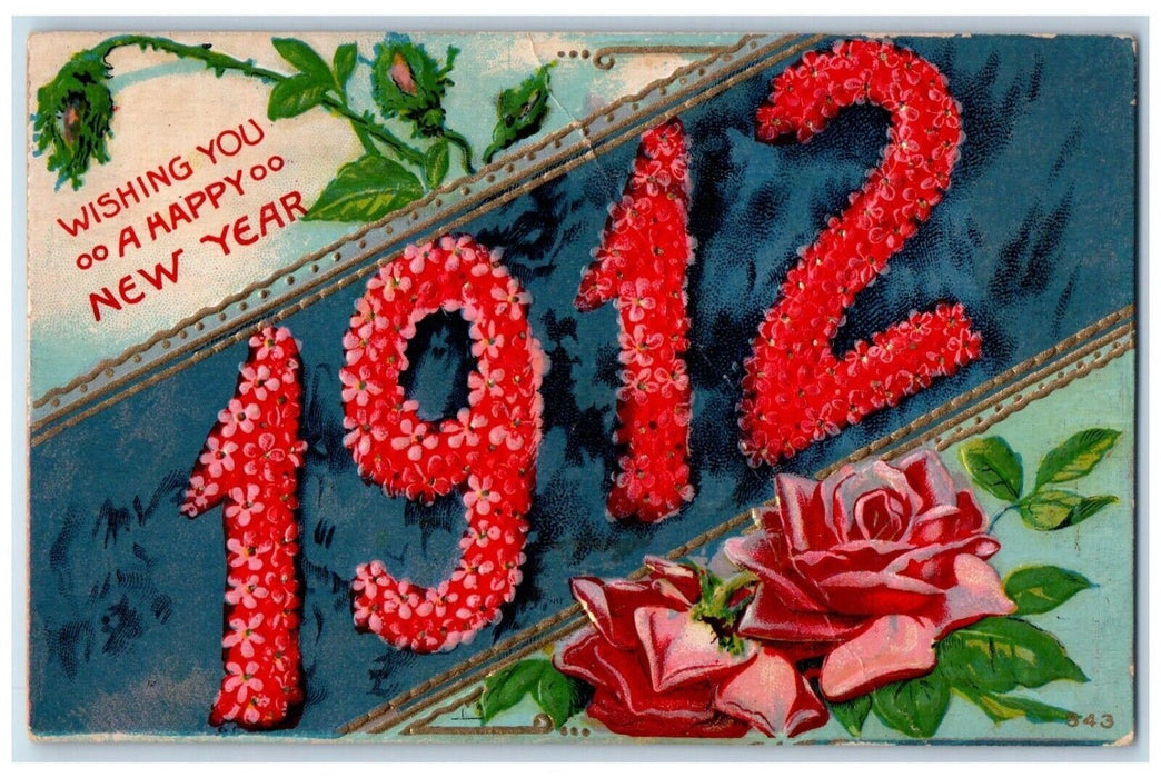 1912 New Year Large Numbers Pansies Flowers Rose Granville Ohio OH Postcard