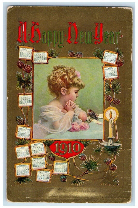 c1910's New Year Little Girl Bird Monthly Calendar Pine Cone Candle Postcard