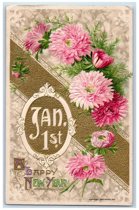 1910 New Year Jan. 1st Pink Flowers John Winsch Artist Signed Embossed Postcard