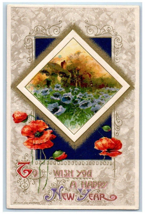 c1910's New Year Flowers Winsch Back Embossed Unposted Antique Postcard