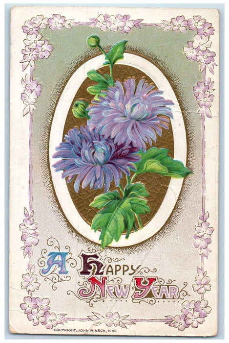 1915 New Year Purple Flowers Winsch Back Embossed Posted Antique Postcard