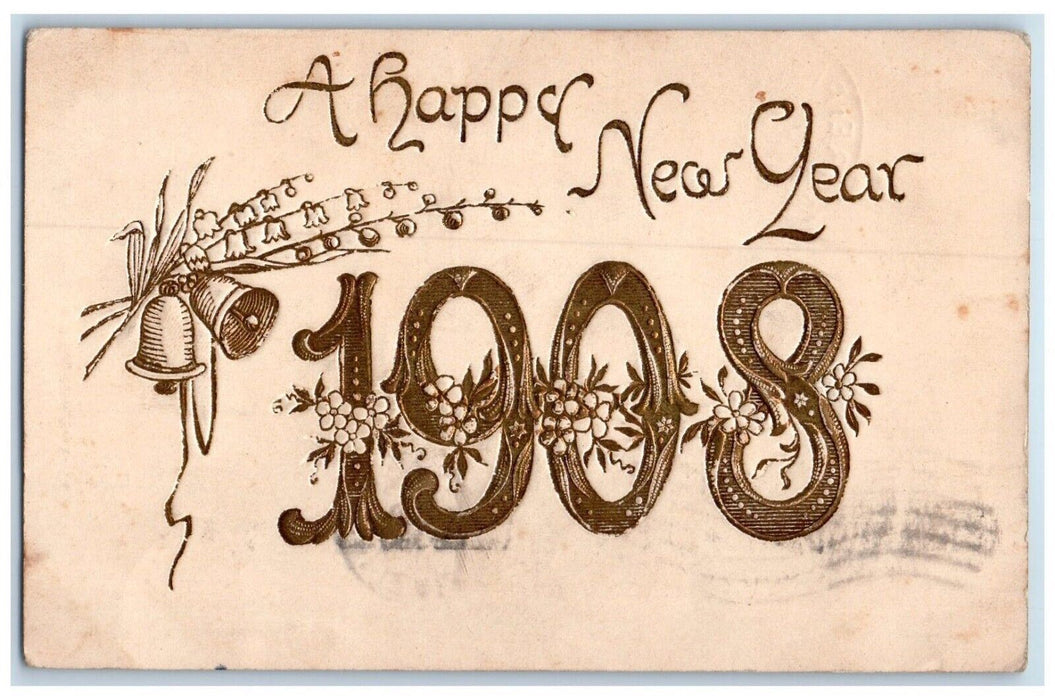 1908 New Year Large Numbers Bells Embossed Elizabeth New Jersey NJ Postcard