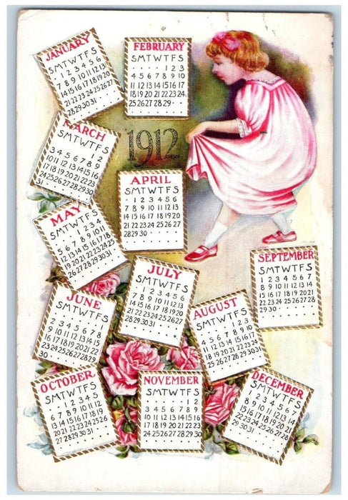 1912 New Year Monthly Calendar Girl Dress Flowers Unposted Antique Postcard