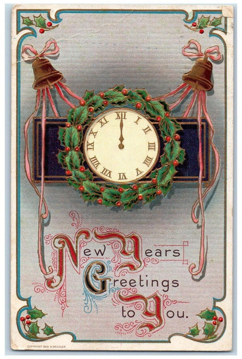 1911 New Year Greetings Wreath Clock Bells Ribbon Embossed Antique Postcard