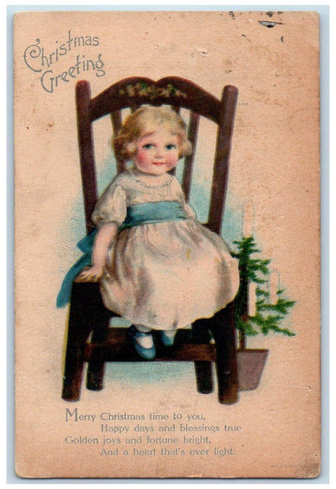 1921 Christmas Greetings Little Girl Sitting Chair Posted Antique Postcard
