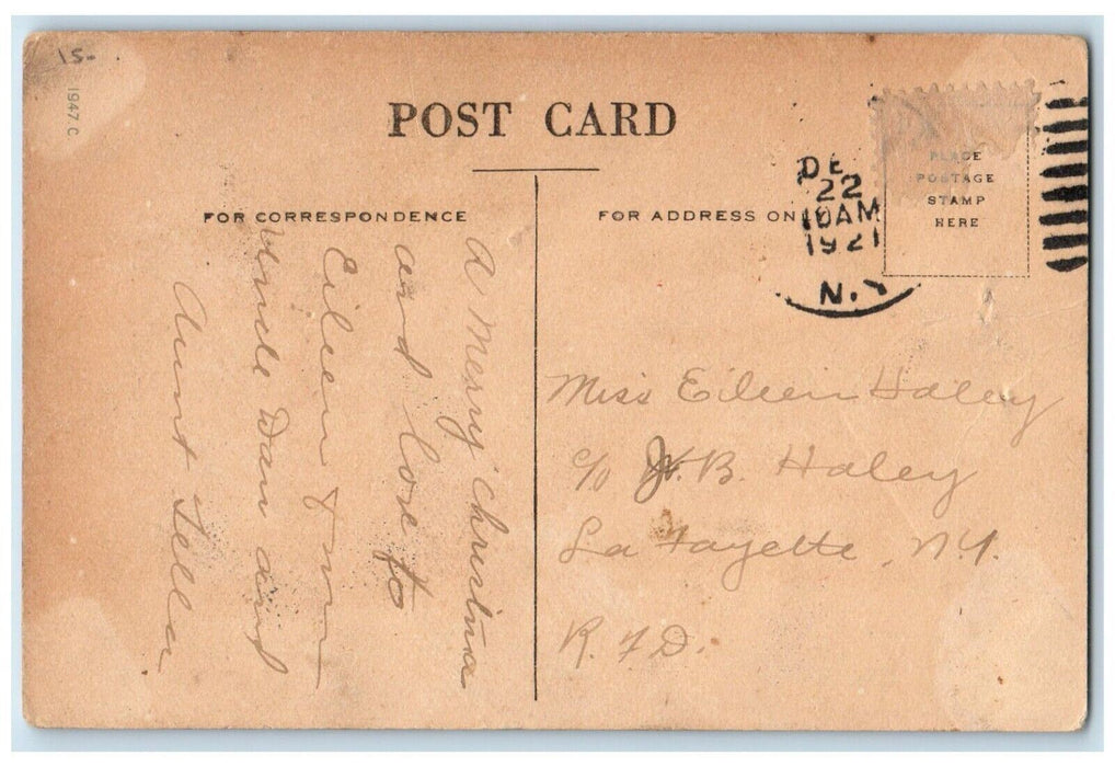 1921 Christmas Greetings Little Girl Sitting Chair Posted Antique Postcard