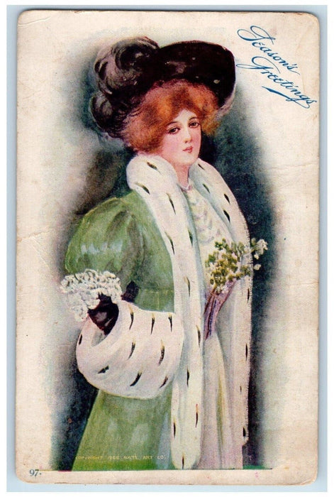 c1910's Christmas Season Greetings Victorian Girl Handwarmer Antique Postcard