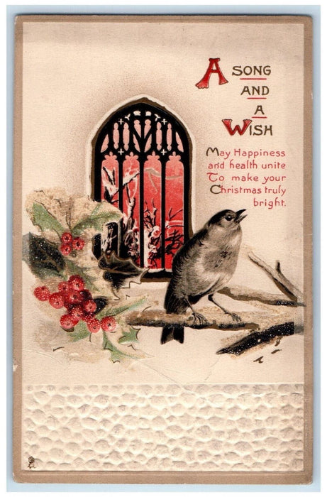 c1910 A Song and Wish Holy Leaf Bird Christmas Series Embossed Tuck Art Postcard
