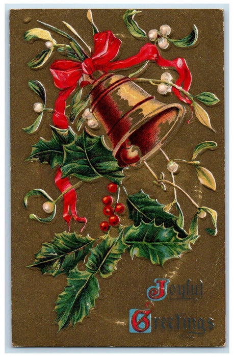 c1910's Christmas Greetings Holly Berries Bell Red Ribbon Advertising Postcard