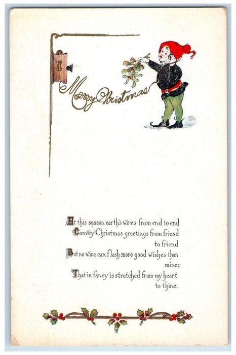c1910's Christmas Poem Little Boy Holly Talking Telephone Antique Postcard