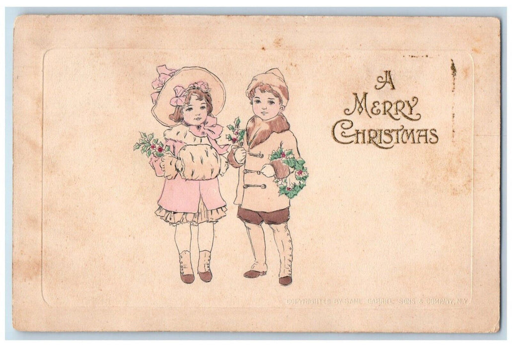 1914 Christmas Boy Girl Handwarmer Holly Berries Chicago IL Antique Postcard