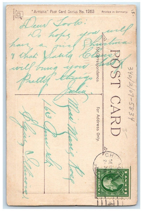 1914 Christmas Boy Girl Handwarmer Holly Berries Chicago IL Antique Postcard