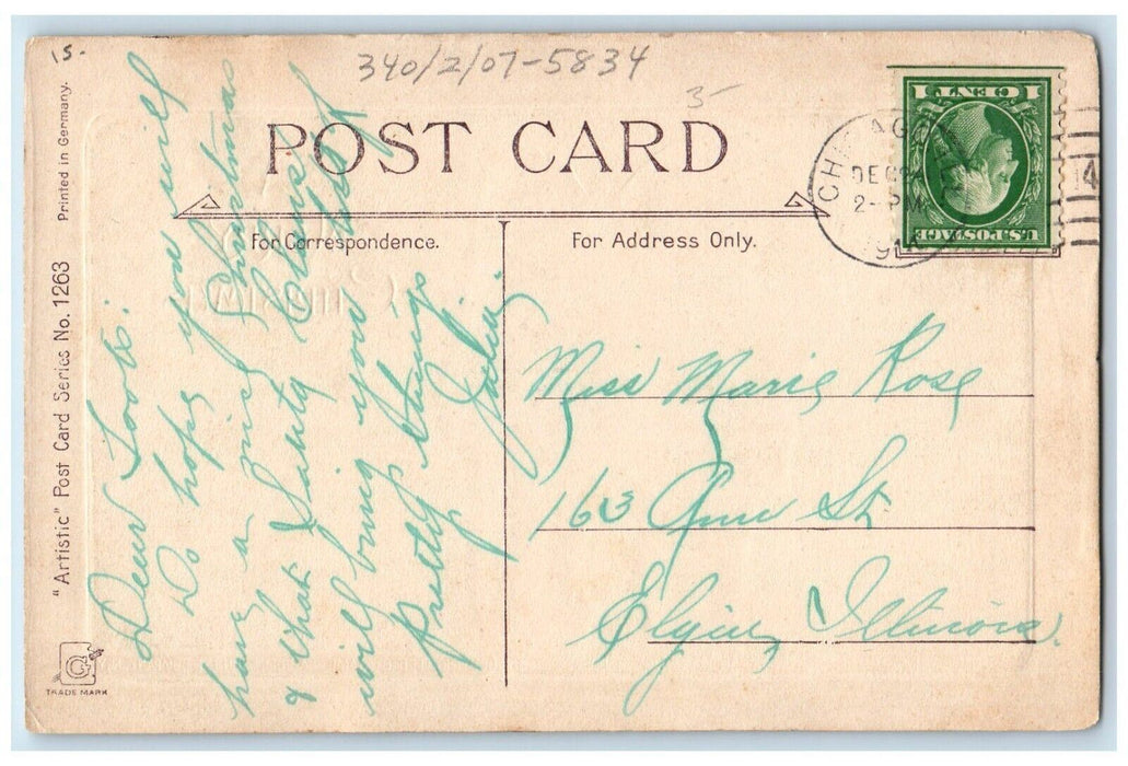1914 Christmas Boy Girl Handwarmer Holly Berries Chicago IL Antique Postcard