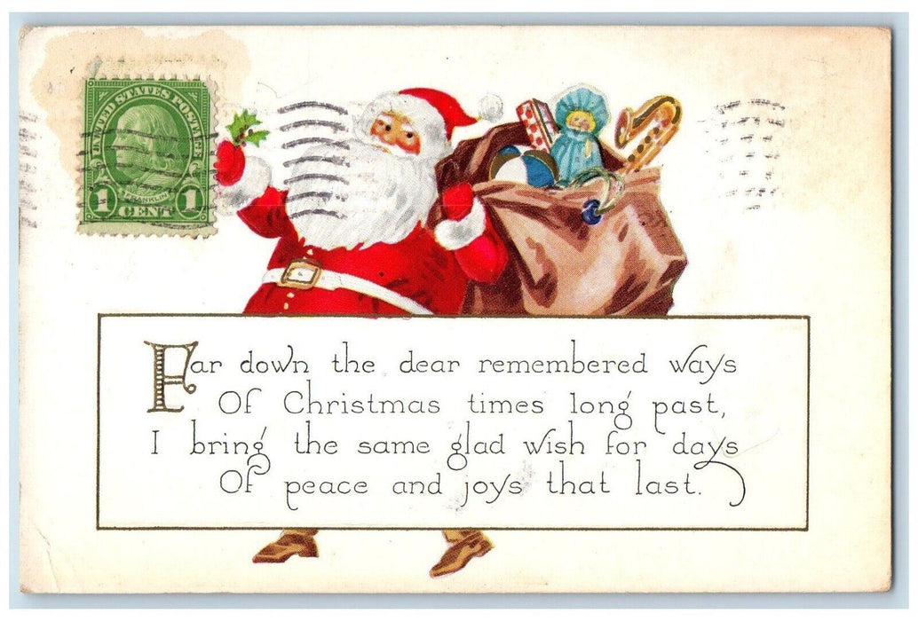 1930 Christmas Santa Claus Sack Of Toys Holly Embossed New Canaan CT Postcard