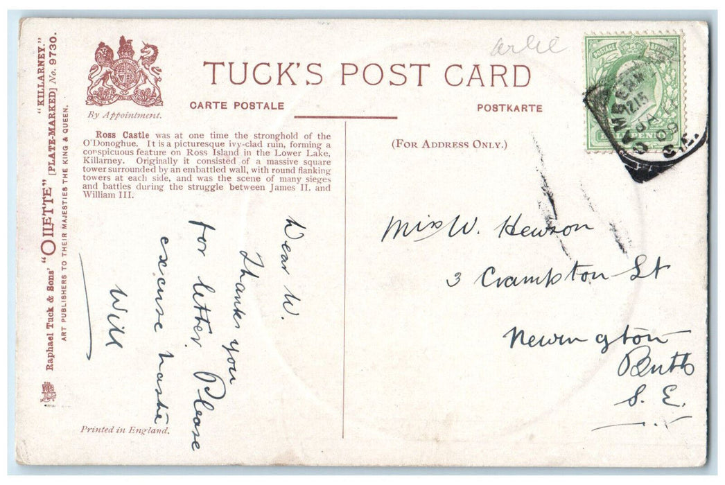 1909 Ross Castle Killarney Plate-Marked Oilette Tuck Art Unposted Postcard