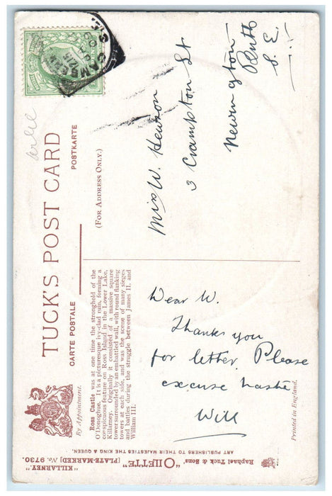 1909 Ross Castle Killarney Plate-Marked Oilette Tuck Art Unposted Postcard