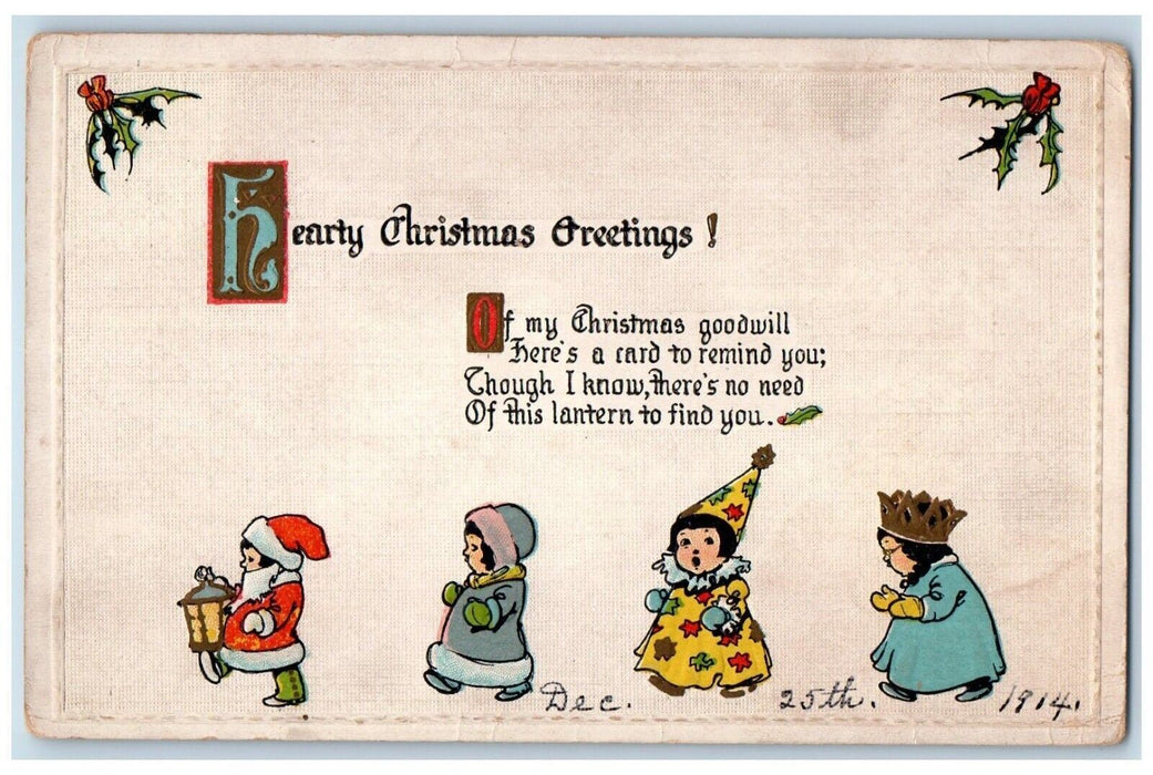 1914 Christmas Greetings Girls Lantern Winsch Back Embossed Antique Postcard