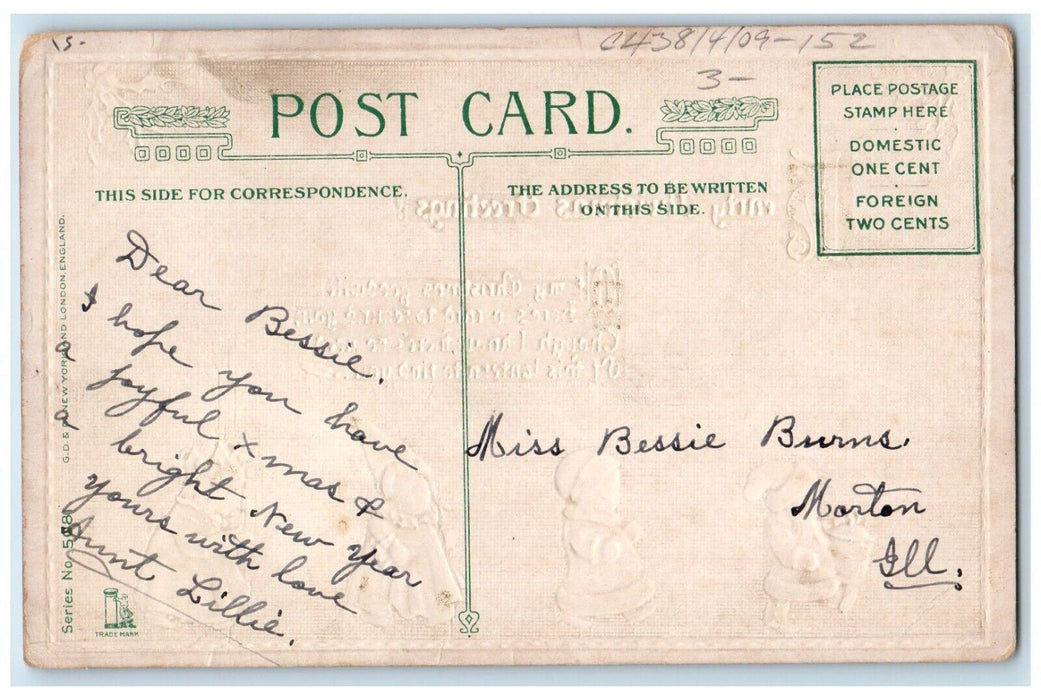 1914 Christmas Greetings Girls Lantern Winsch Back Embossed Antique Postcard