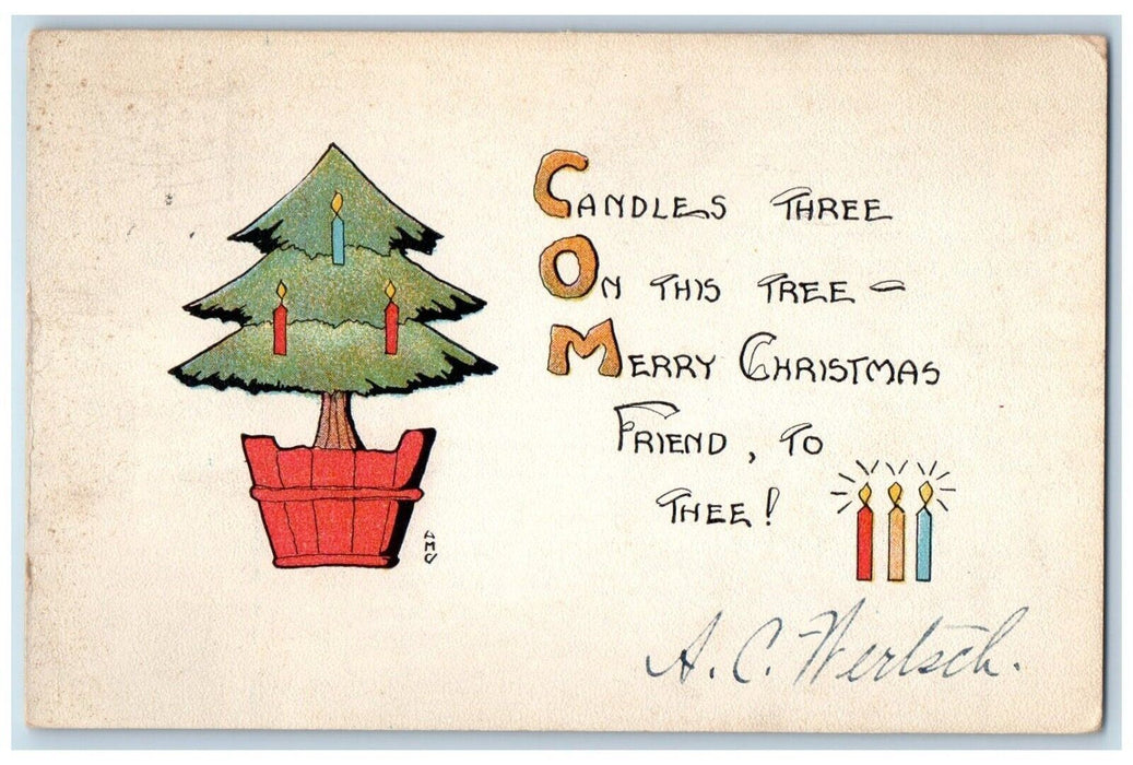 1915 Christmas Tree In Pot Candles Lancaster Pennsylvania PA Antique Postcard
