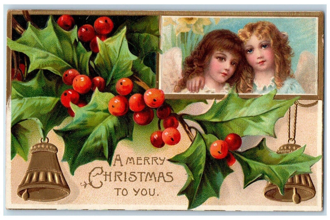 c1910's Christmas Holly Bells Two Angel Cherubs Embossed Antique Postcard