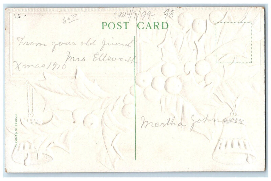 c1910's Christmas Holly Bells Two Angel Cherubs Embossed Antique Postcard