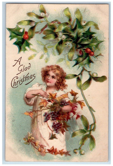 1908 Christmas Holly Berries Pretty Girl Curly Hair Embossed Antique Postcard