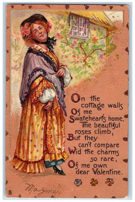 1907 Woman Cottage Walls Denver CO Leatherelle Valentine Tuck Art Postcard