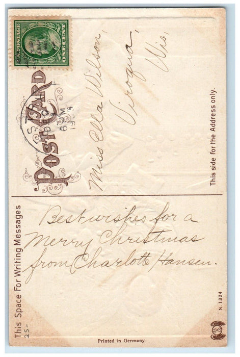 c1910's Christmas Tree Decorated Angel Boy Train Embossed Antique Postcard