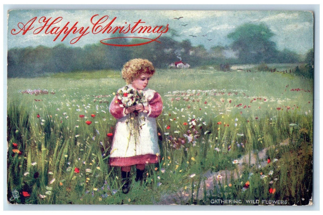 c1910 A Happy Christmas Little Girl Gathering Flowers Oilette Tuck Art Postcard