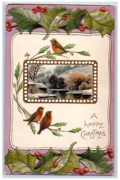 1911 Christmas Song Birds Embossed Holly Berries Embossed Antique Postcard
