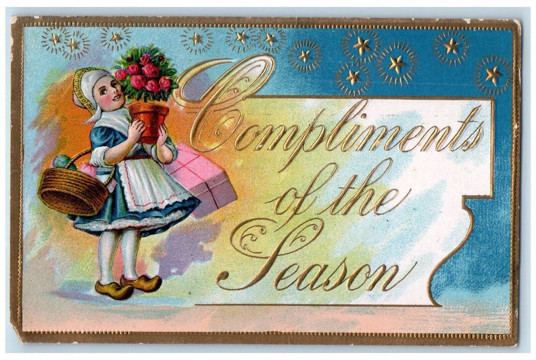 c1910's Christmas Dutch Girl Holding Basket Flowers Pot Embossed Postcard