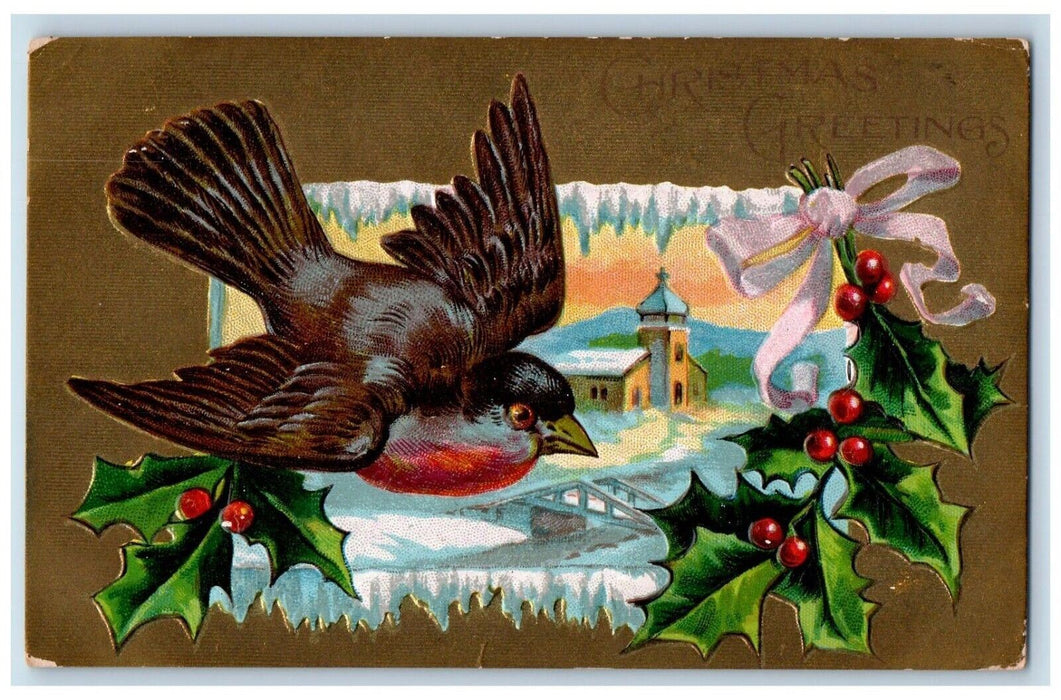 c1910's Christmas Greetings Bird Holly Ribbon Winter Snow Embossed Postcard