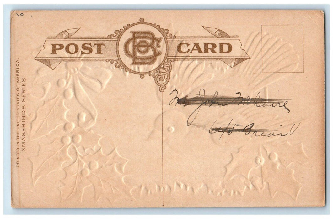 c1910's Christmas Greetings Bird Holly Ribbon Winter Snow Embossed Postcard