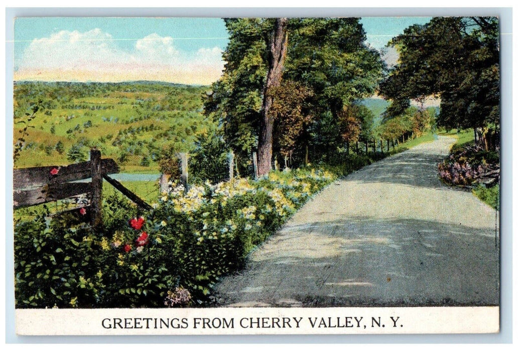Greetings From Cherry Valley New York NY, Dirt Road Flower And Trees Postcard