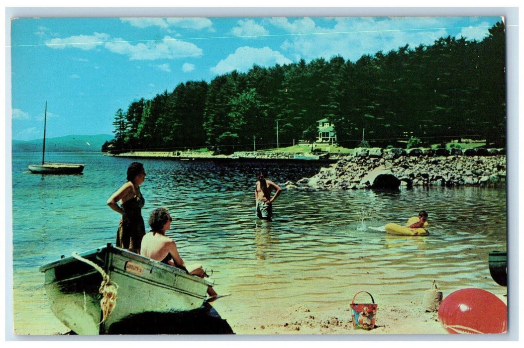 The Beach Migis Lodge Motel Sebago Lake Canoe Boat South Casco Maine ME Postcard