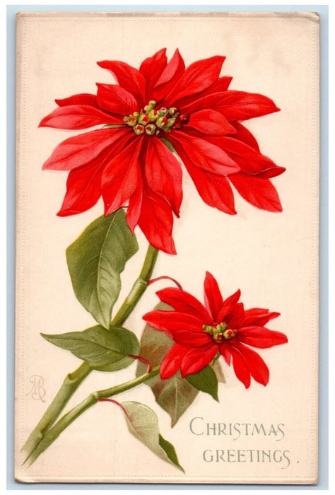c1910's Christmas Greetings Pointessia Flowers Embossed Posted Antique Postcard