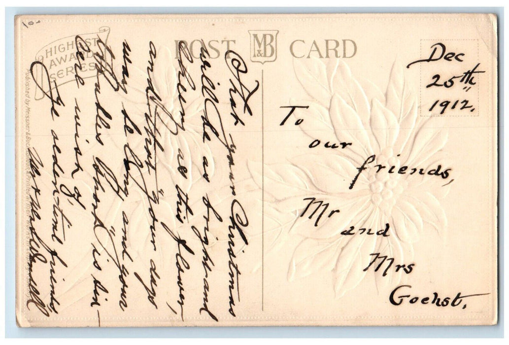 c1910's Christmas Greetings Pointessia Flowers Embossed Posted Antique Postcard