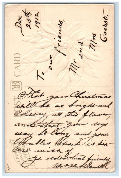 c1910's Christmas Greetings Pointessia Flowers Embossed Posted Antique Postcard