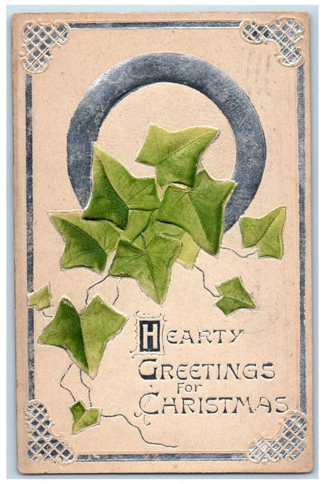 1909 Christmas Greetings Horseshoe Leaf South Bend Indiana IN Embossed Postcard