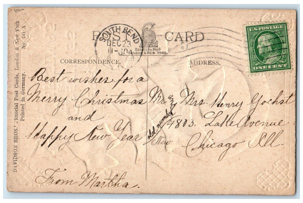 1909 Christmas Greetings Horseshoe Leaf South Bend Indiana IN Embossed Postcard