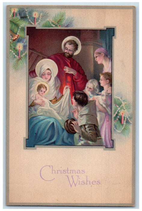 c1910's Christmas Tree Baby Jesus Mary Religious Candles Antique Postcard