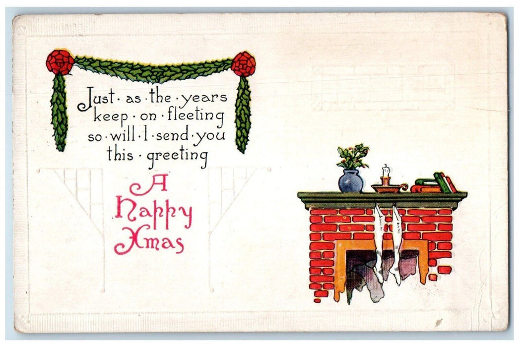 1923 Christmas Garland Fireplace Hanging Stockings Winsch Back Antique Postcard
