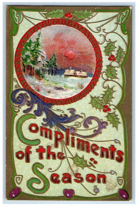 1910 Christmas Holly Winter Snow Full Moon Winsch Back Enders PA Posted Postcard
