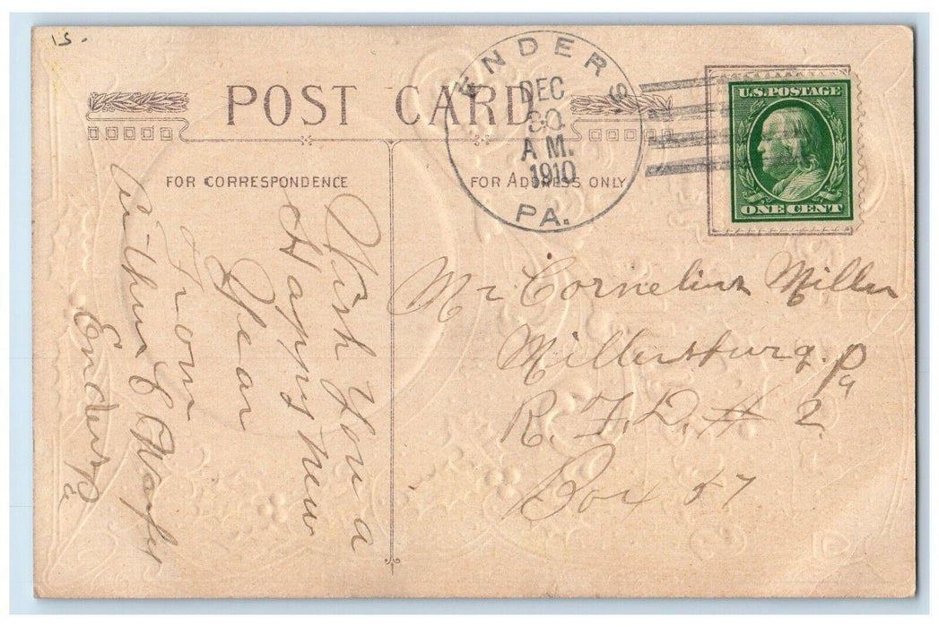 1910 Christmas Holly Winter Snow Full Moon Winsch Back Enders PA Posted Postcard